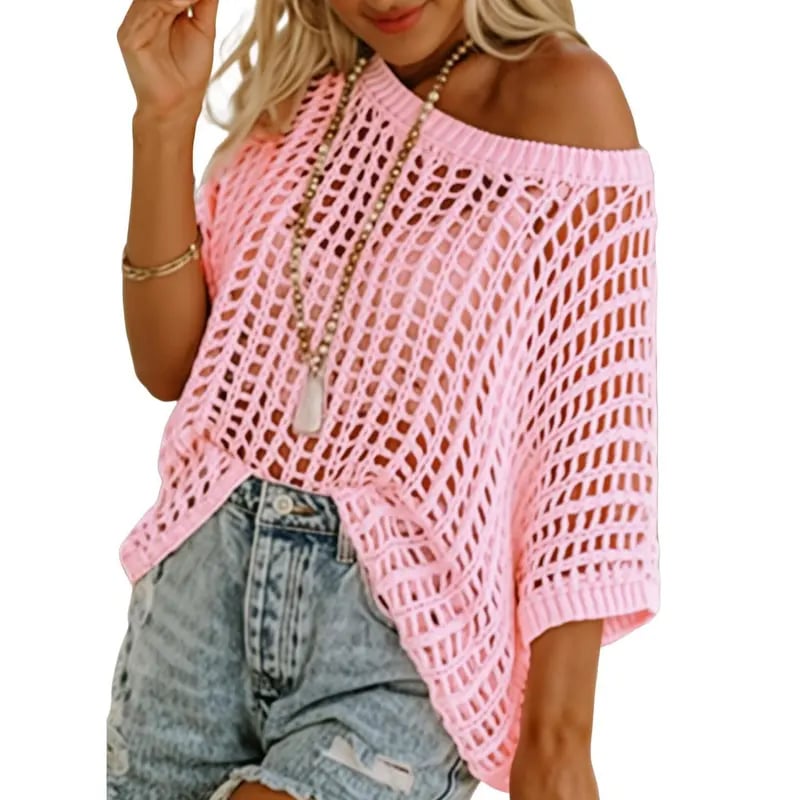 🔥 BIG SALE 🔥Short Sleeve Crochet Sweater Lightweight Summer Tops Loose Hollow Out Crewneck Pullover