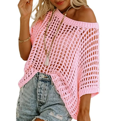 🔥 BIG SALE 🔥Short Sleeve Crochet Sweater Lightweight Summer Tops Loose Hollow Out Crewneck Pullover