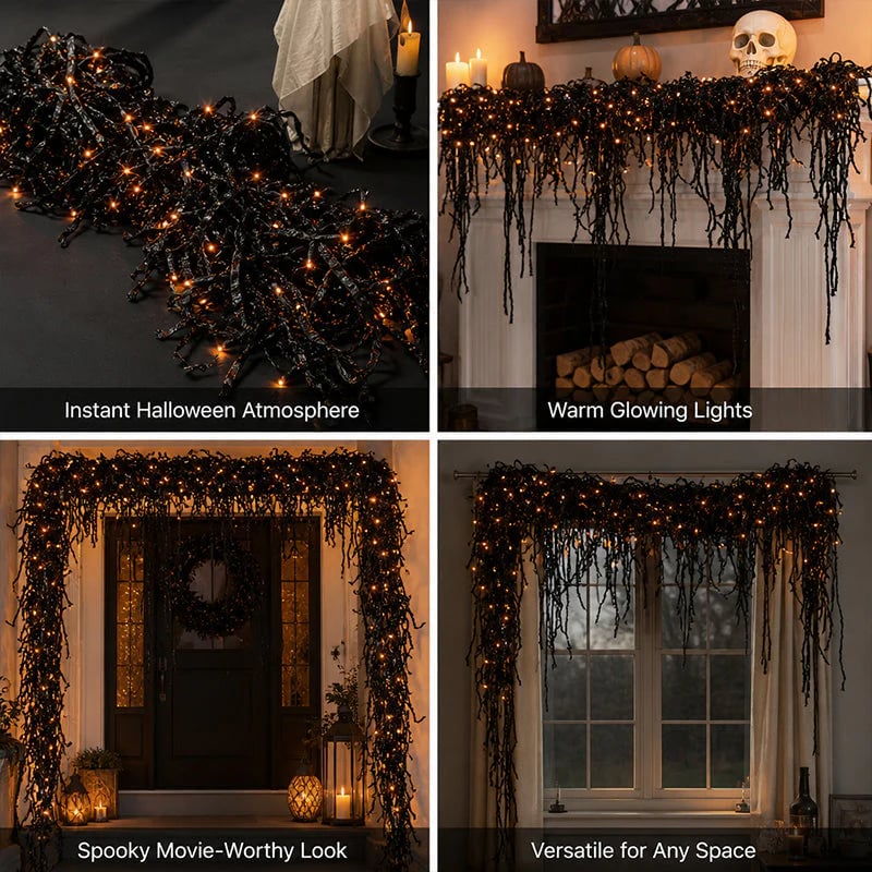🎃Halloween Fireplace Decor Set with LED Lights – Black Vine Garland for Mantel, Door Frame, Window & Spooky Party Decor👻