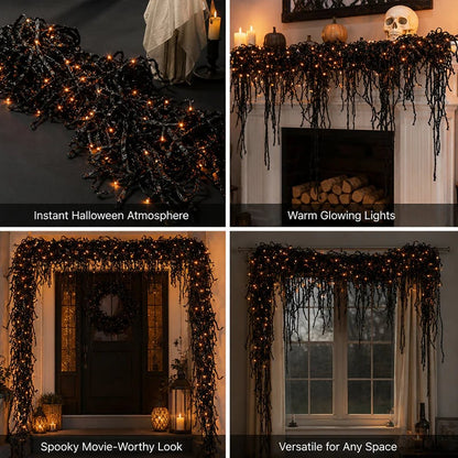 🎃Halloween Fireplace Decor Set with LED Lights – Black Vine Garland for Mantel, Door Frame, Window & Spooky Party Decor👻