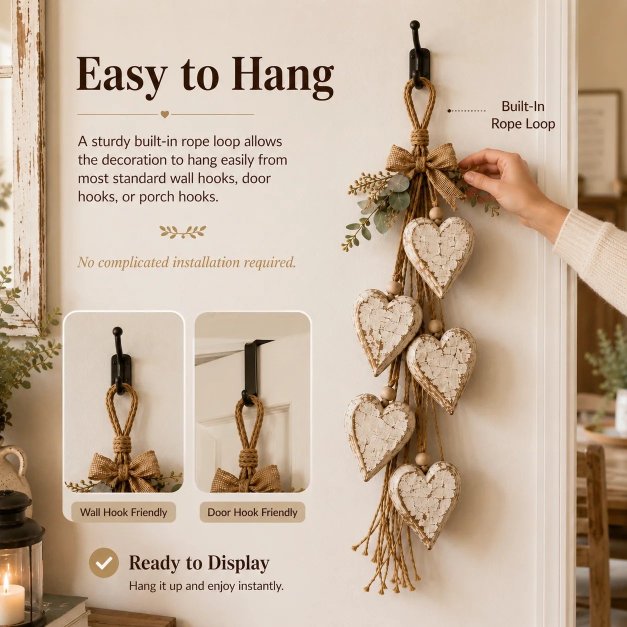 Rustic Hanging Heart Wall Decor with Optional Warm Lights