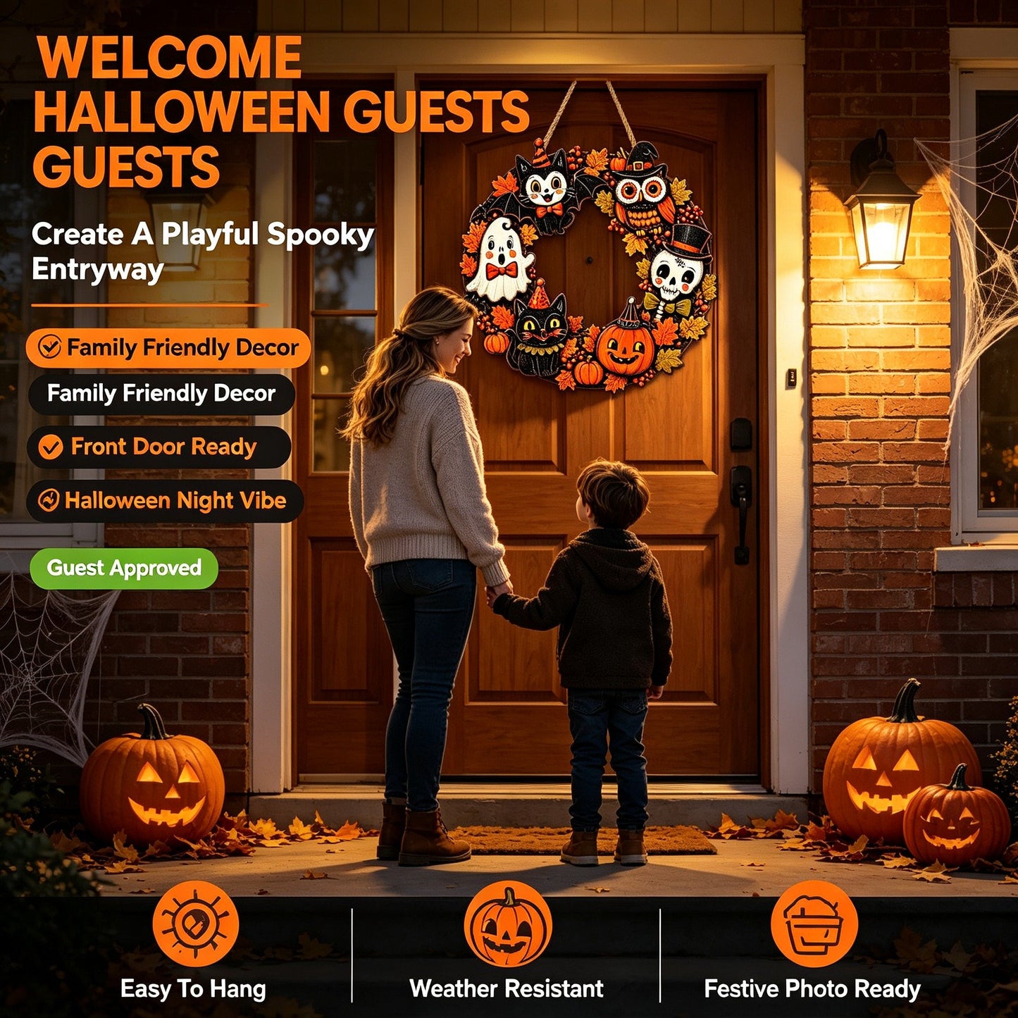 🎃 Hand-Carved 3D Halloween Wooden Door Hanger 👻