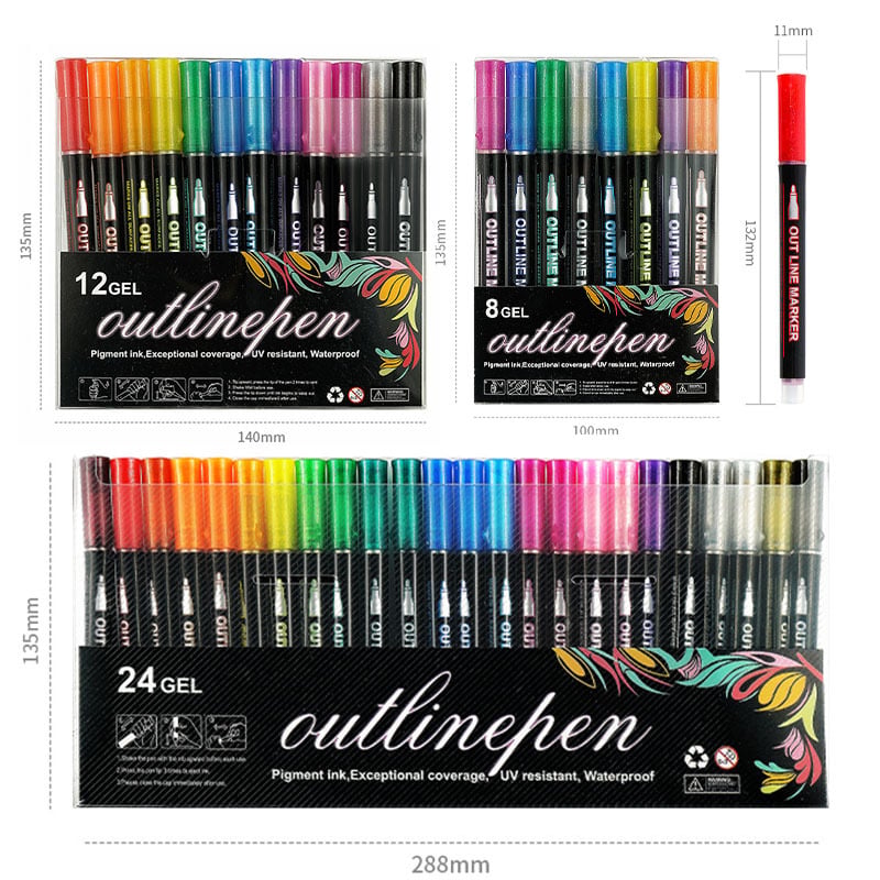 👍🔥👍8/12/24/36/48 Colors Double Line Outline Art Pen Marker Pen