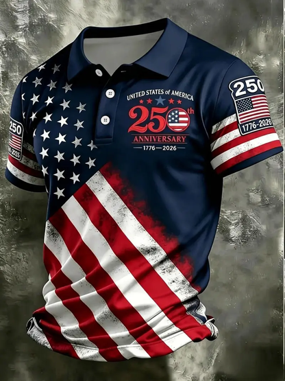 🎇 Patriotic American Flag Polo Shirt for Men, 250th Anniversary 1776-2026| Free Shipping on 2+
