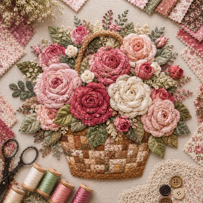 🔥HOT SALE🔥🌸🧵 Premium Floral Basket Patchwork DIY Kit | High-Quality Layered Fabric Bouquet with Raised Petals & Woven Basket Details ✨