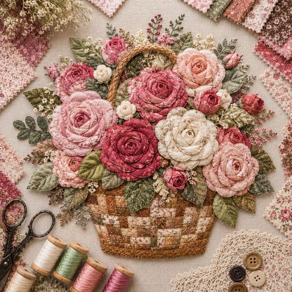 🔥HOT SALE🔥🌸🧵 Premium Floral Basket Patchwork DIY Kit | High-Quality Layered Fabric Bouquet with Raised Petals & Woven Basket Details ✨