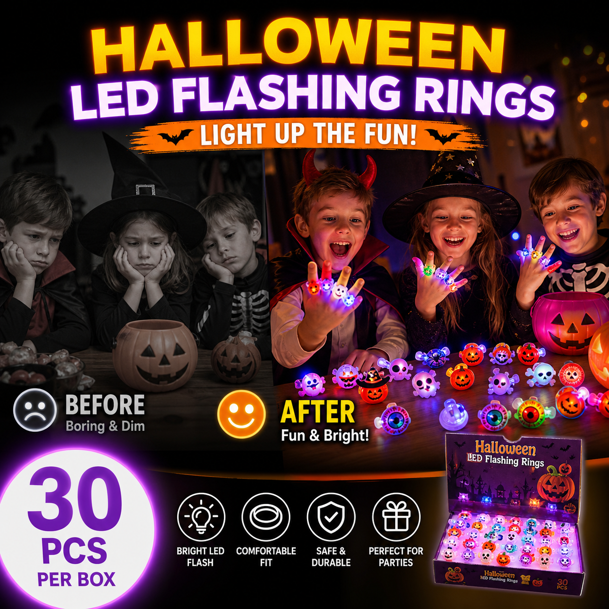 🔥🎃Spooky Season Hot Sale 50% OFF:＄27.99‼️✨LED Light Halloween Glowing Ring 💍| Flashing Light‑Up Party Favor for Halloween Night👻