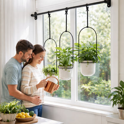🌱 BESTSELLER |🌿Adjustable Hanging Window Planter Set – Metal Rod Plant Hanger with 3 Pots for Indoor & Outdoor Green Display
