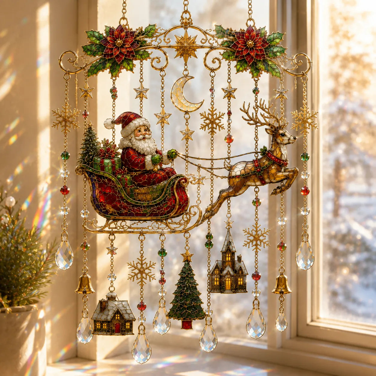 49% OFF – 🎄Handmade Christmas Stained Glass Window Hanging | Tempered Stained Glass, K9 Crystal Drops & Ready-to-Hang Holiday Decor ✨
