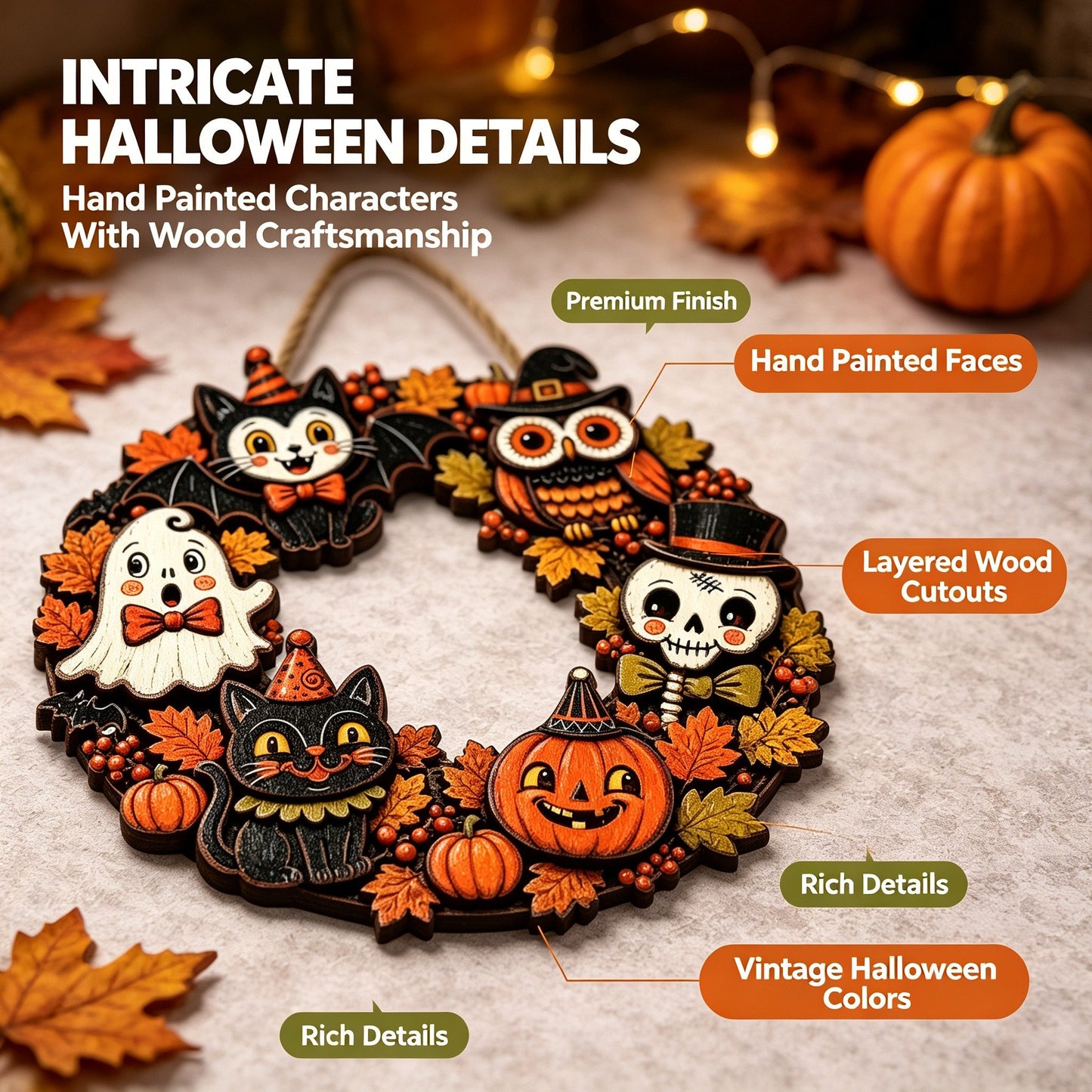 🎃 Hand-Carved 3D Halloween Wooden Door Hanger 👻