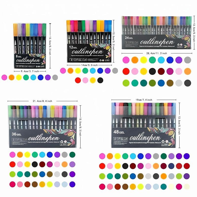 👍🔥👍8/12/24/36/48 Colors Double Line Outline Art Pen Marker Pen
