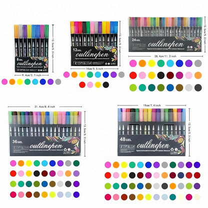 👍🔥👍8/12/24/36/48 Colors Double Line Outline Art Pen Marker Pen