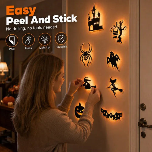 🎃 Halloween LED Silhouette Wall Light Stickers – Spooky Glow Made Easy! 👻✨