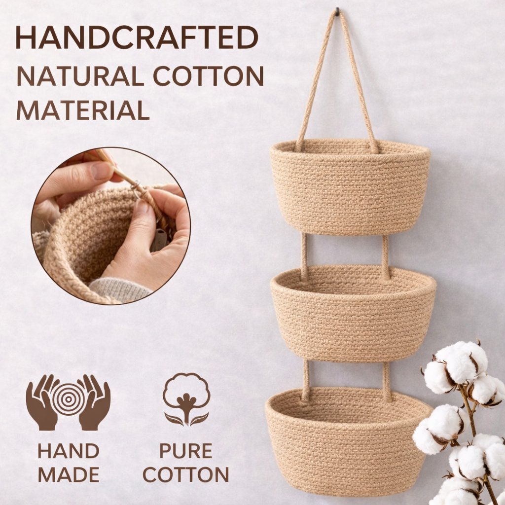 🧺Woven cotton 3-Tier Over the Door Basket, Wall-Mounted Jute Storage Organizer🔥