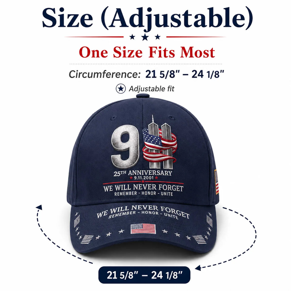 9/11 25th Anniversary We Will Never Forget Memorial Baseball Cap – Unisex Patriotic Memorial Hat🧢 Polyester