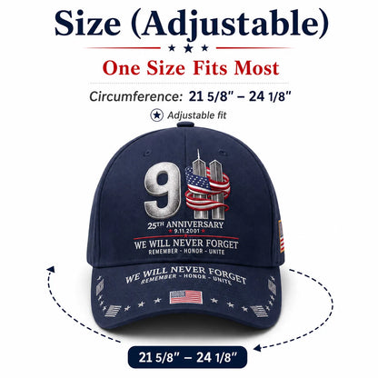 9/11 25th Anniversary We Will Never Forget Memorial Baseball Cap – Unisex Patriotic Memorial Hat🧢 Polyester