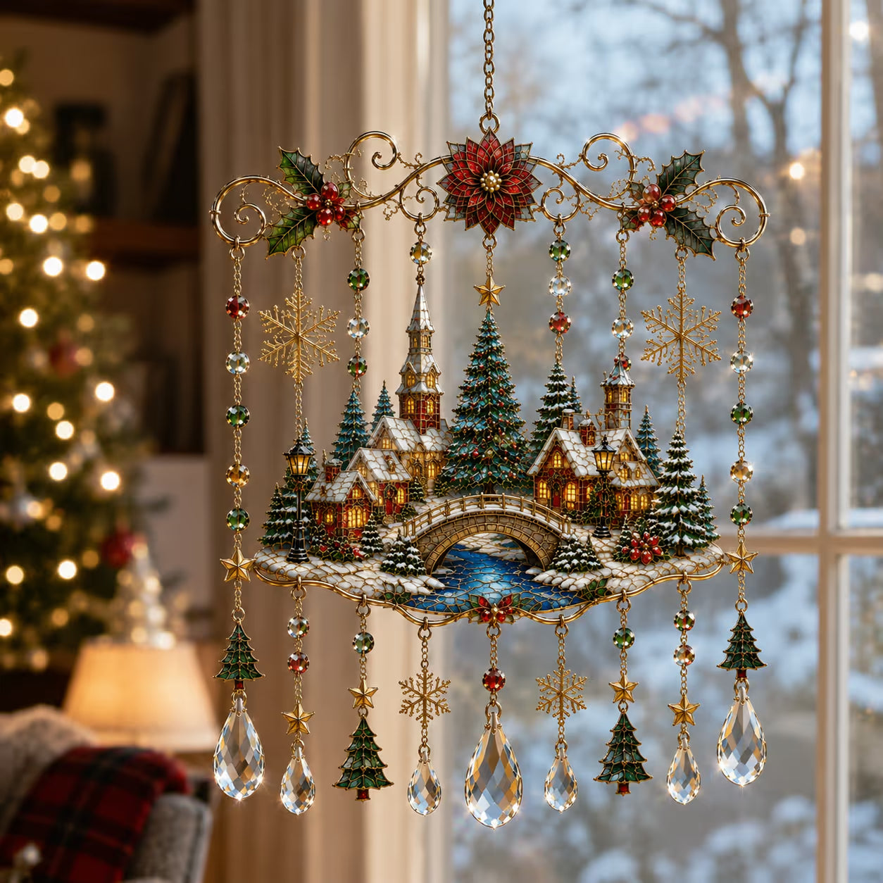 49% OFF – 🎄Handmade Christmas Stained Glass Window Hanging | Tempered Stained Glass, K9 Crystal Drops & Ready-to-Hang Holiday Decor ✨