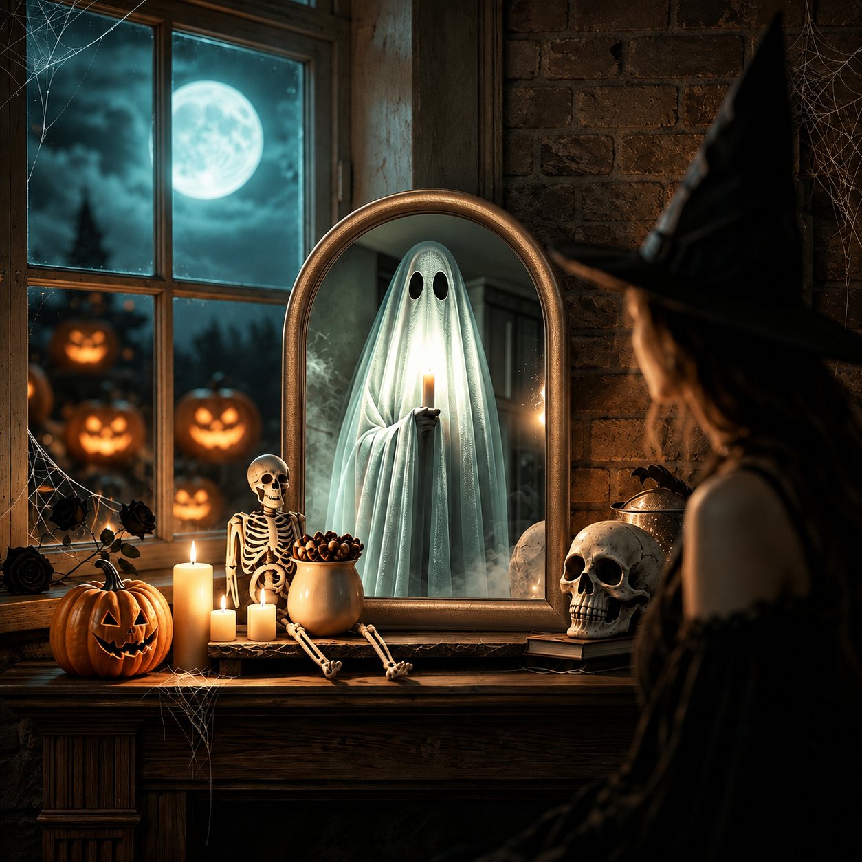 👻 Halloween Ghost Mirror with LED Candlelight Effect 🕯️