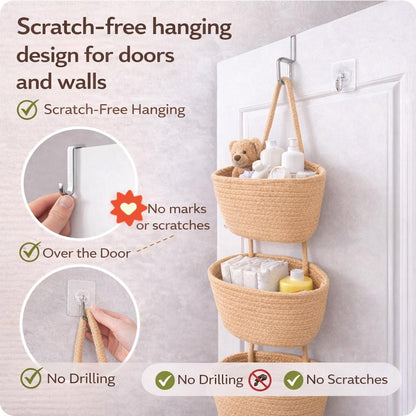 🧺Woven cotton 3-Tier Over the Door Basket, Wall-Mounted Jute Storage Organizer🔥