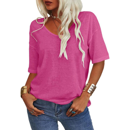 🔥 Women's Solid Color V-Neck T-Shirt Loose Fit Casual Daily Basic Top