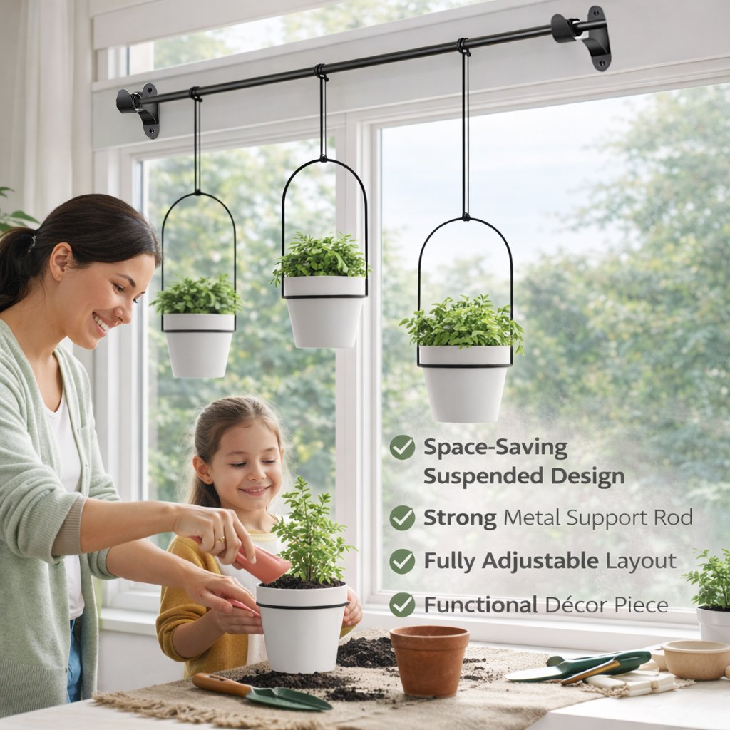 🌱 BESTSELLER |🌿Adjustable Hanging Window Planter Set – Metal Rod Plant Hanger with 3 Pots for Indoor & Outdoor Green Display