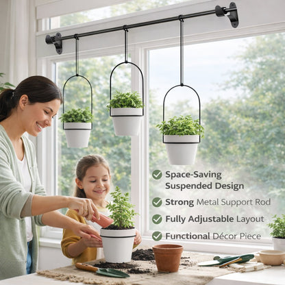 🌱 BESTSELLER |🌿Adjustable Hanging Window Planter Set – Metal Rod Plant Hanger with 3 Pots for Indoor & Outdoor Green Display
