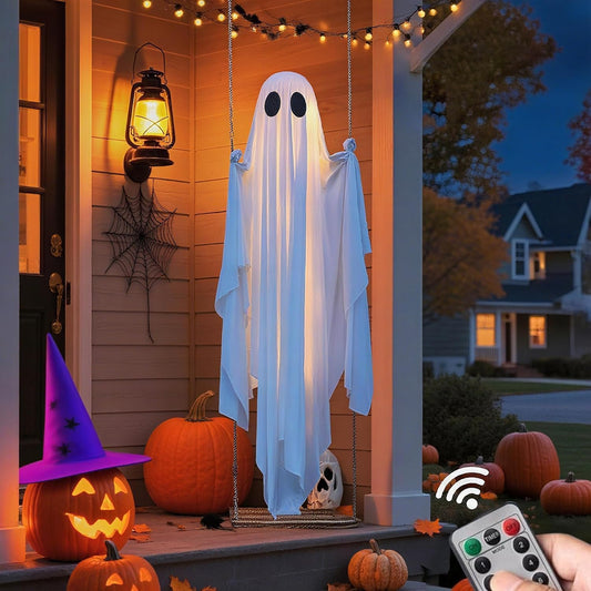 🎁HOT DEAL – Up to 49% OFF🔥Halloween Decorations Outdoor Hanging Swing Ghost Halloween Decor with String Lights, Spooky Cute Ghosts Decorations for Front Porch Yard Tree