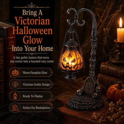 🎃 Gothic Pumpkin Lantern Stand | Warm Orange LED Glow, Victorian Skull Details & Haunted Shelf Decor 🕯️