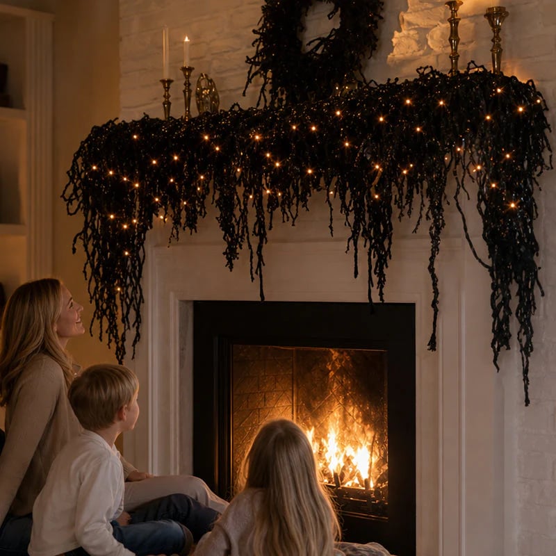 🎃Halloween Fireplace Decor Set with LED Lights – Black Vine Garland for Mantel, Door Frame, Window & Spooky Party Decor👻