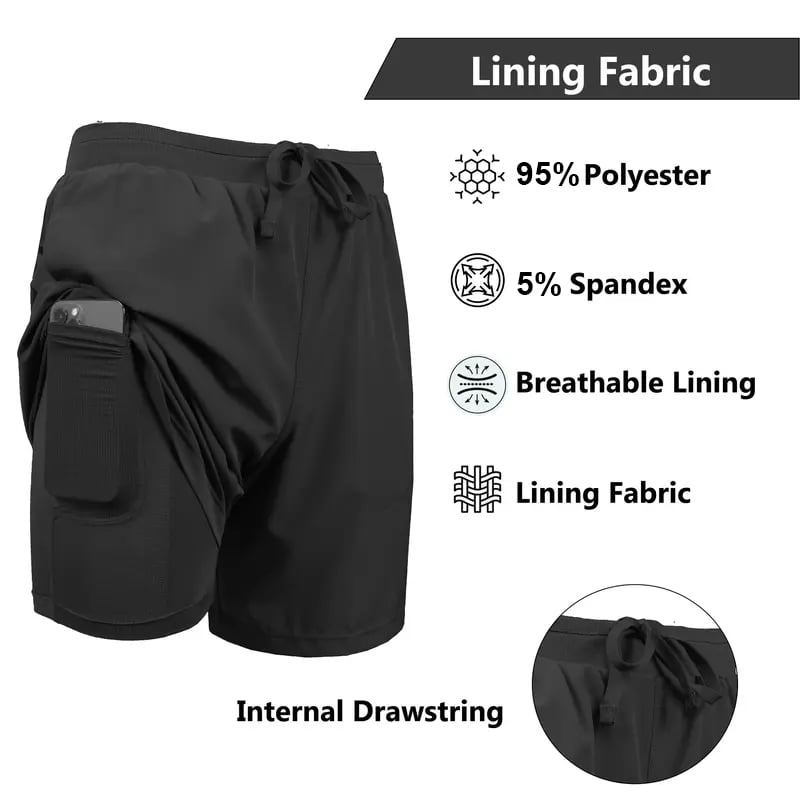Men's 2 in 1 Stretch Active Quick Dry Gym Running Shorts With Liner