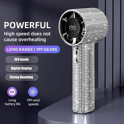 💎Luxury Diamond Bling Handheld Fan🌬️3 Speed Turbo Rechargeable Mini Fan With Digital Display