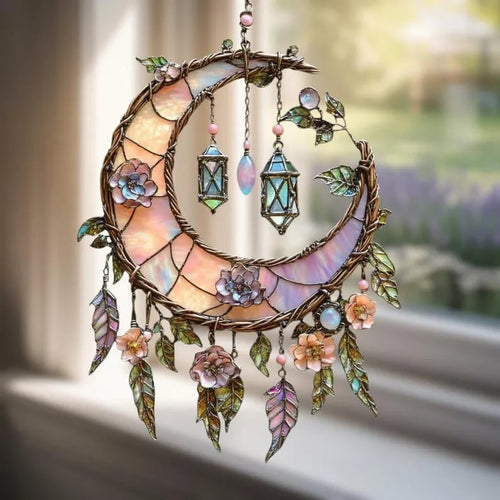 🌙2D Hand-Painted Moon and Floral Window Decor💖