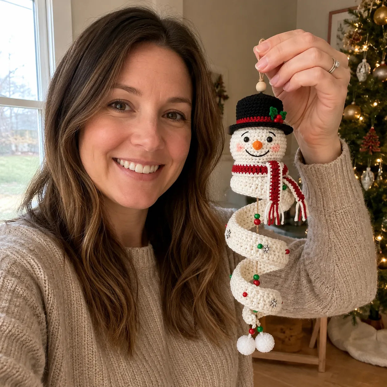 ☃️Crochet Snowman Spiral Ornament DIY Kit | Complete Beginner-Friendly Set with Soft Yarn, Crochet Hook, Festive Beads, Snowflakes & Step-by-Step Guide 🧶🎄✨