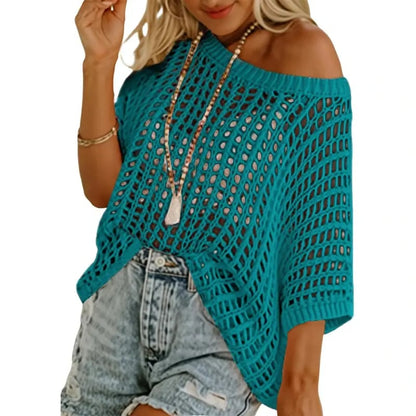 🔥 BIG SALE 🔥Short Sleeve Crochet Sweater Lightweight Summer Tops Loose Hollow Out Crewneck Pullover