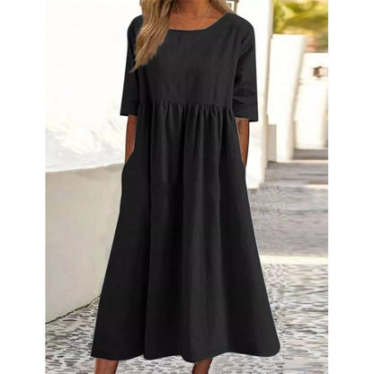 Summer New Cotton and Linen Casual Short Sleeve Pocket Fold Loose Round Neck Women's Dress