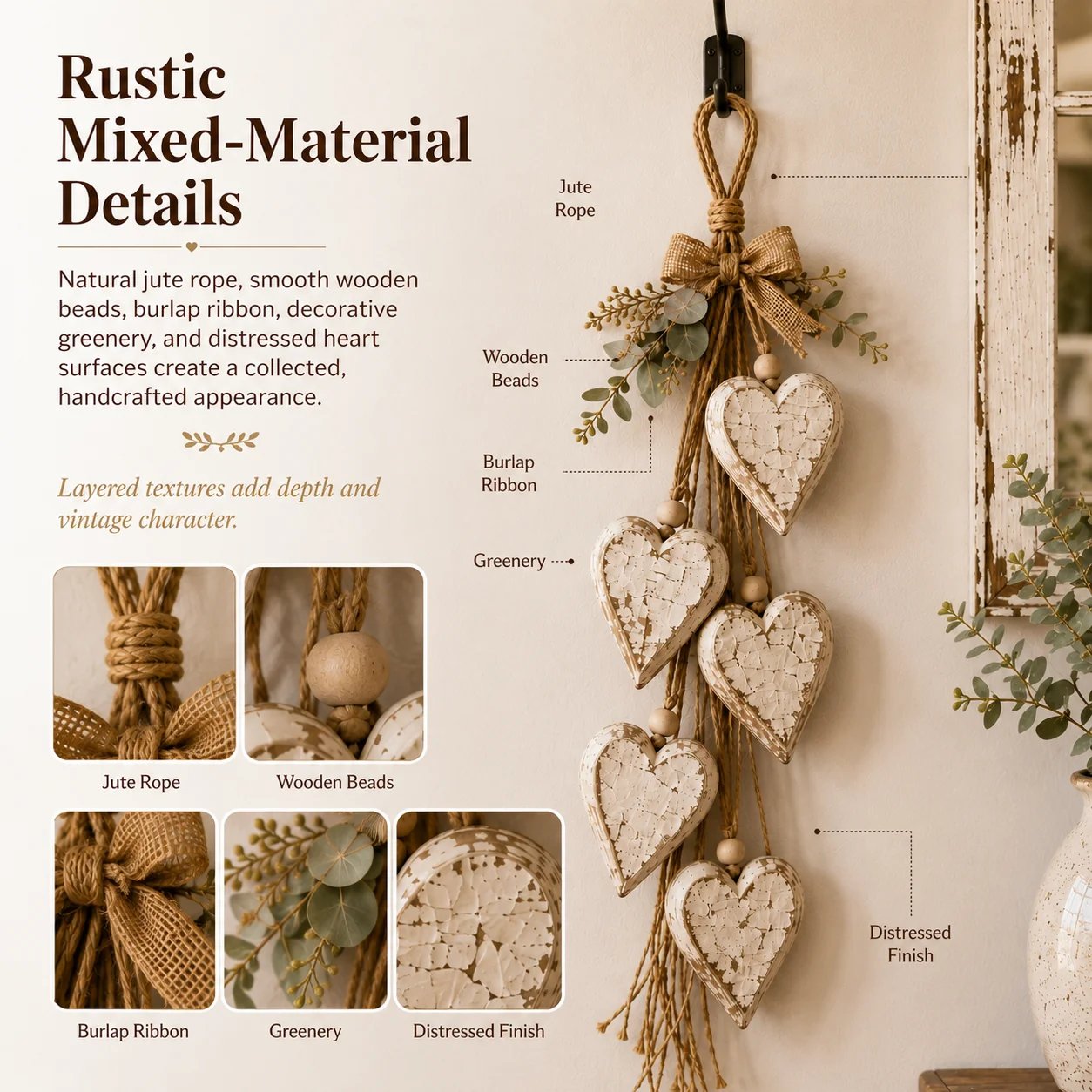 Rustic Hanging Heart Wall Decor with Optional Warm Lights