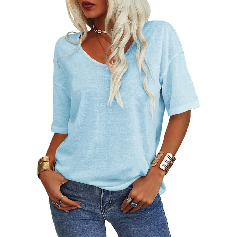 🔥 Women's Solid Color V-Neck T-Shirt Loose Fit Casual Daily Basic Top