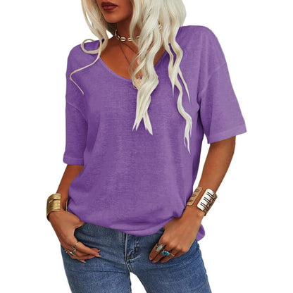 🔥 Women's Solid Color V-Neck T-Shirt Loose Fit Casual Daily Basic Top