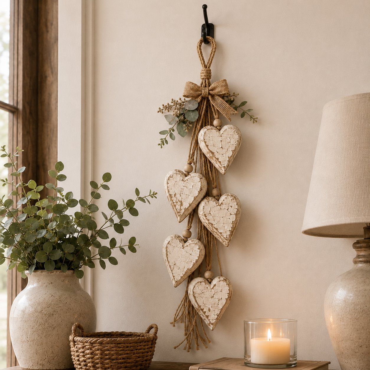 Rustic Hanging Heart Wall Decor with Optional Warm Lights