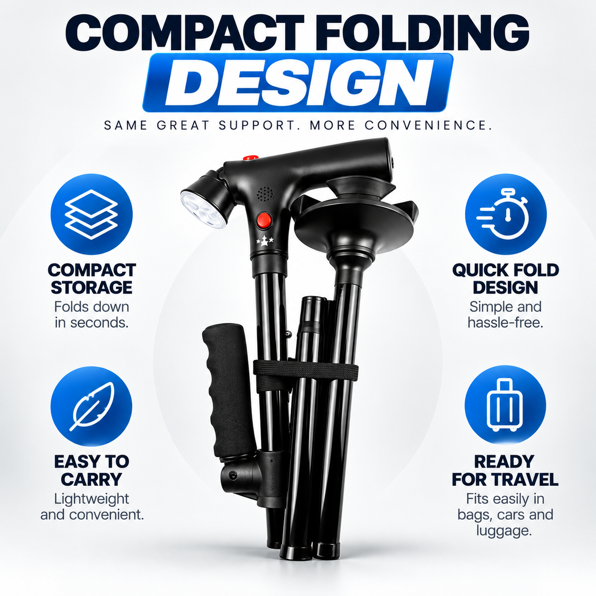 🦯LIMITED-TIME 50% OFF! 💡 SteadyGo™ Multifunction Folding Walking Cane – Built-In Light, Emergency Alarm, Quad Base & 5-Level Height Adjustment✨