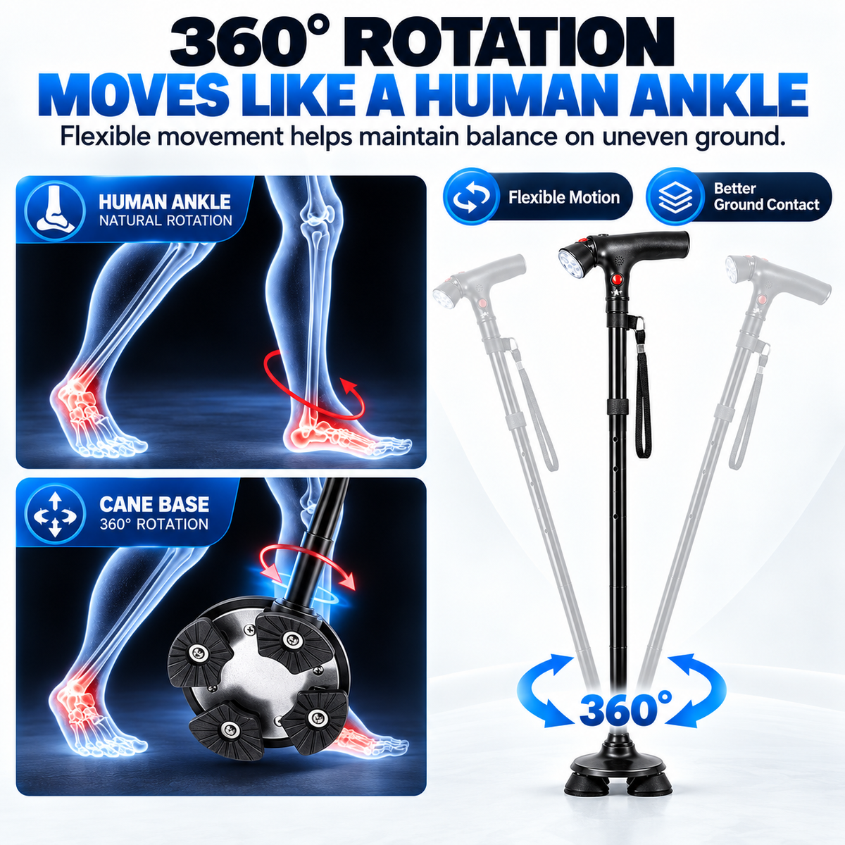 🦯LIMITED-TIME 50% OFF! 💡 SteadyGo™ Multifunction Folding Walking Cane – Built-In Light, Emergency Alarm, Quad Base & 5-Level Height Adjustment✨