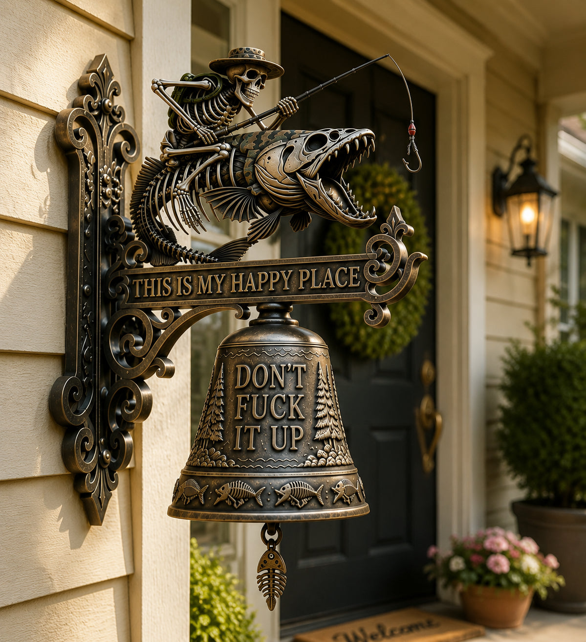 🎣 Metal Skeleton Fisherman Wall Bell – “This Is My Happy Place” Outdoor Décor🔥Buy 2 Get 10% Off