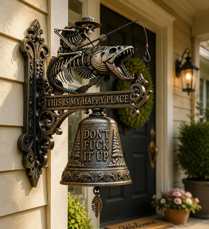 🎣 Metal Skeleton Fisherman Wall Bell – “This Is My Happy Place” Outdoor Décor🔥Buy 2 Get 10% Off