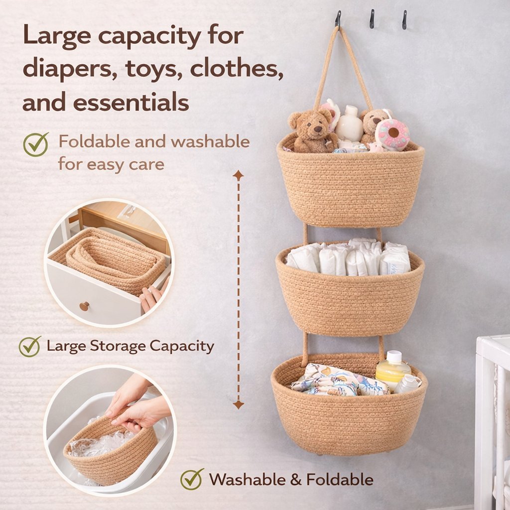 🧺Woven cotton 3-Tier Over the Door Basket, Wall-Mounted Jute Storage Organizer🔥