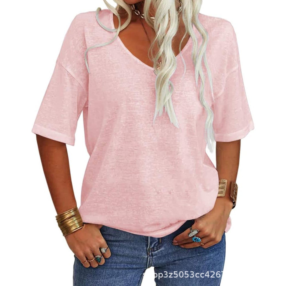 🔥 Women's Solid Color V-Neck T-Shirt Loose Fit Casual Daily Basic Top
