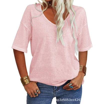 🔥 Women's Solid Color V-Neck T-Shirt Loose Fit Casual Daily Basic Top