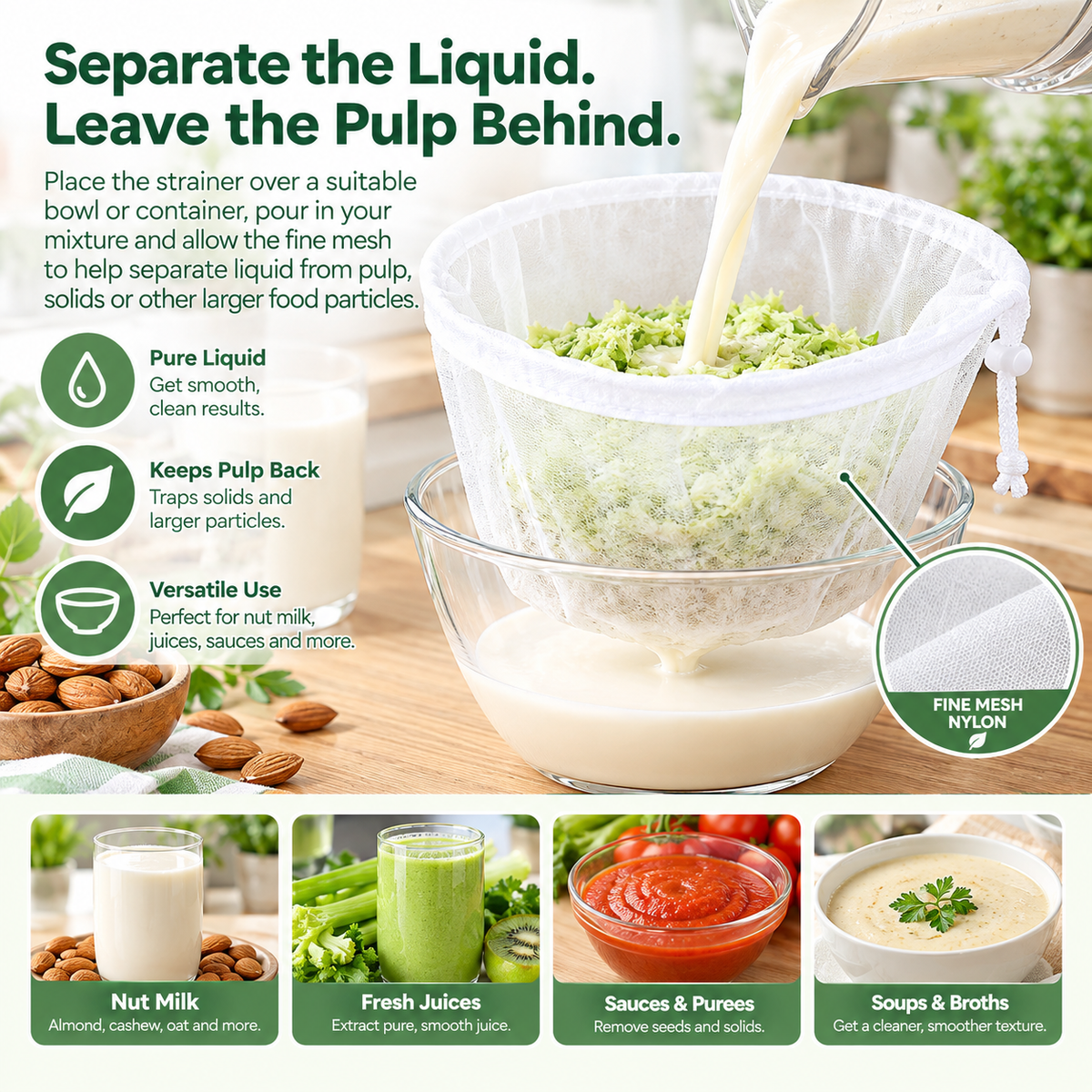 Bowl-Shaped Nylon Nut Milk Bag, Reusable Strainer Bags（3Pcs）