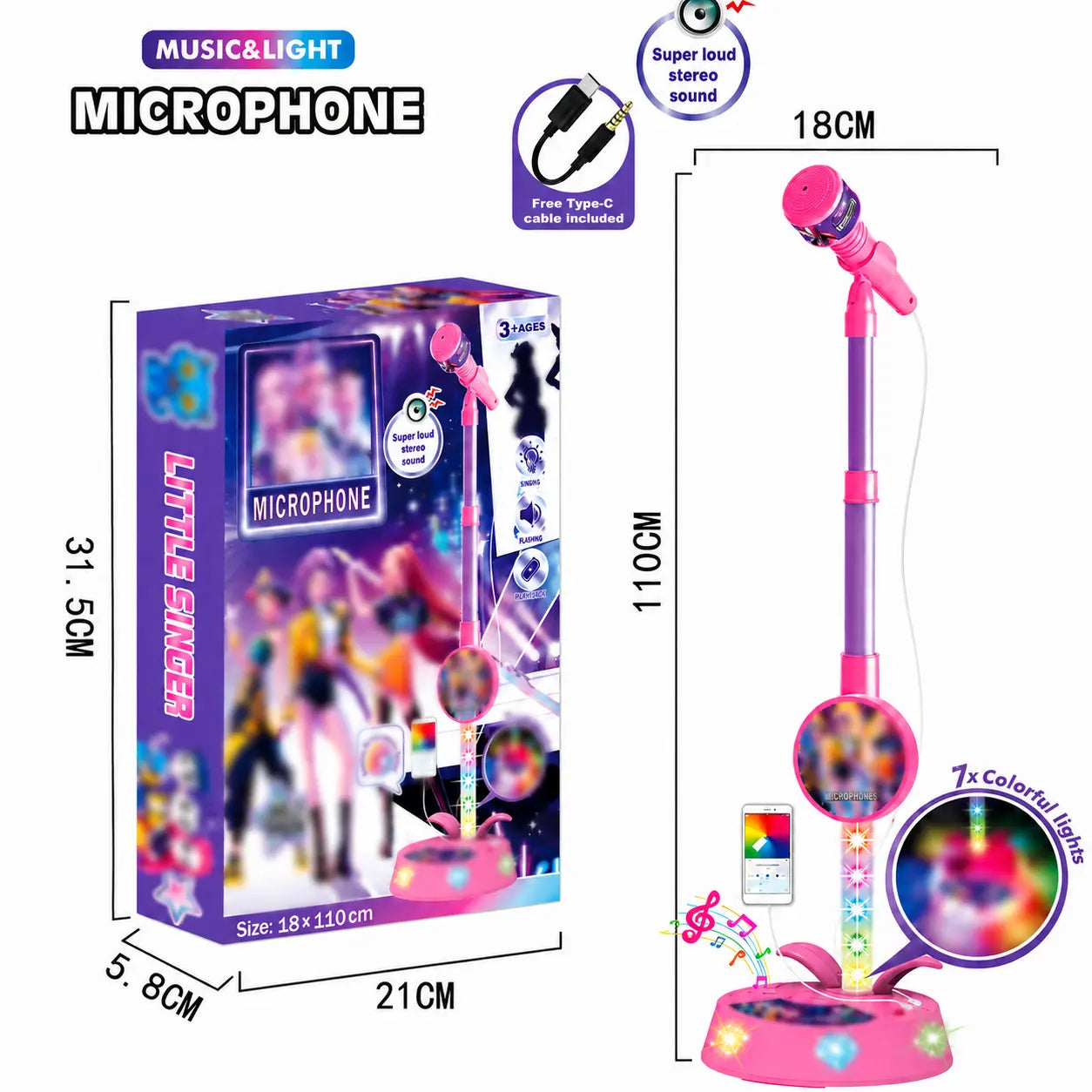 Kids Karaoke Microphone Toy with LED Lights & Music (Ages 2-12 Birthday Gift)