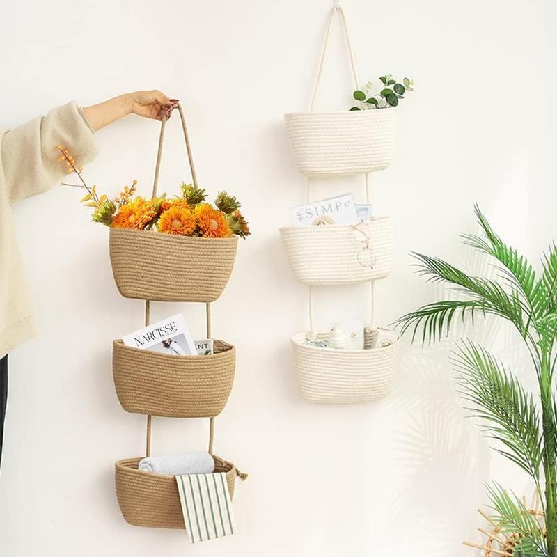 🧺Woven cotton 3-Tier Over the Door Basket, Wall-Mounted Jute Storage Organizer🔥