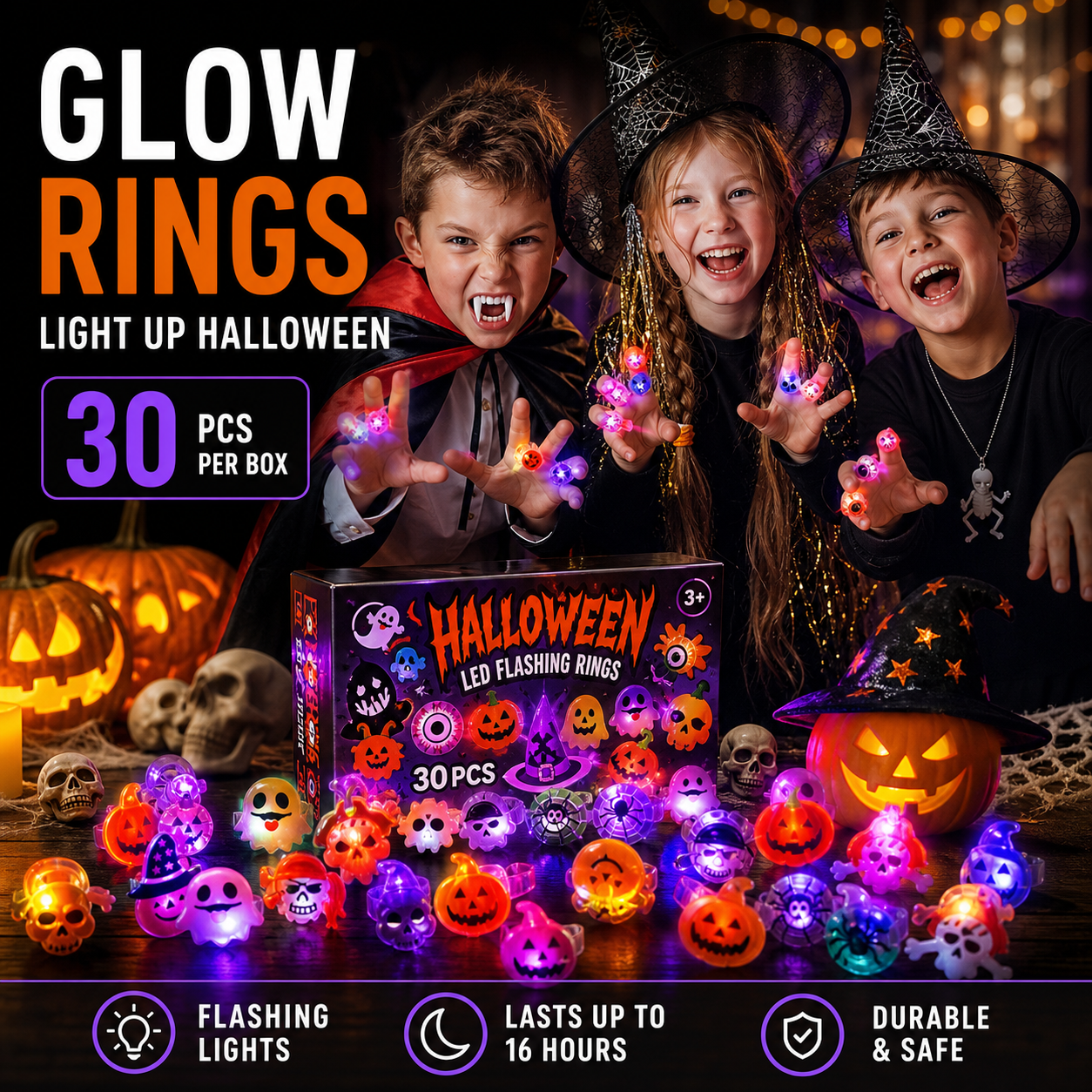 🔥🎃Spooky Season Hot Sale 50% OFF:＄27.99‼️✨LED Light Halloween Glowing Ring 💍| Flashing Light‑Up Party Favor for Halloween Night👻